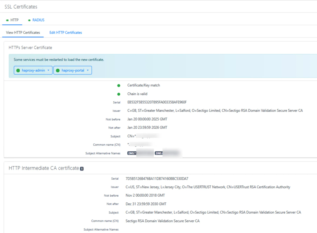 SSL Certificates HTTP configuration form in PacketFence admin portal