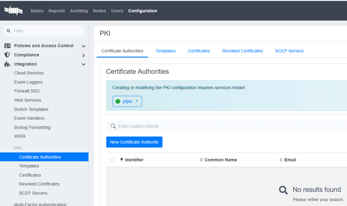 New Certificate Authority form in PacketFence PKI