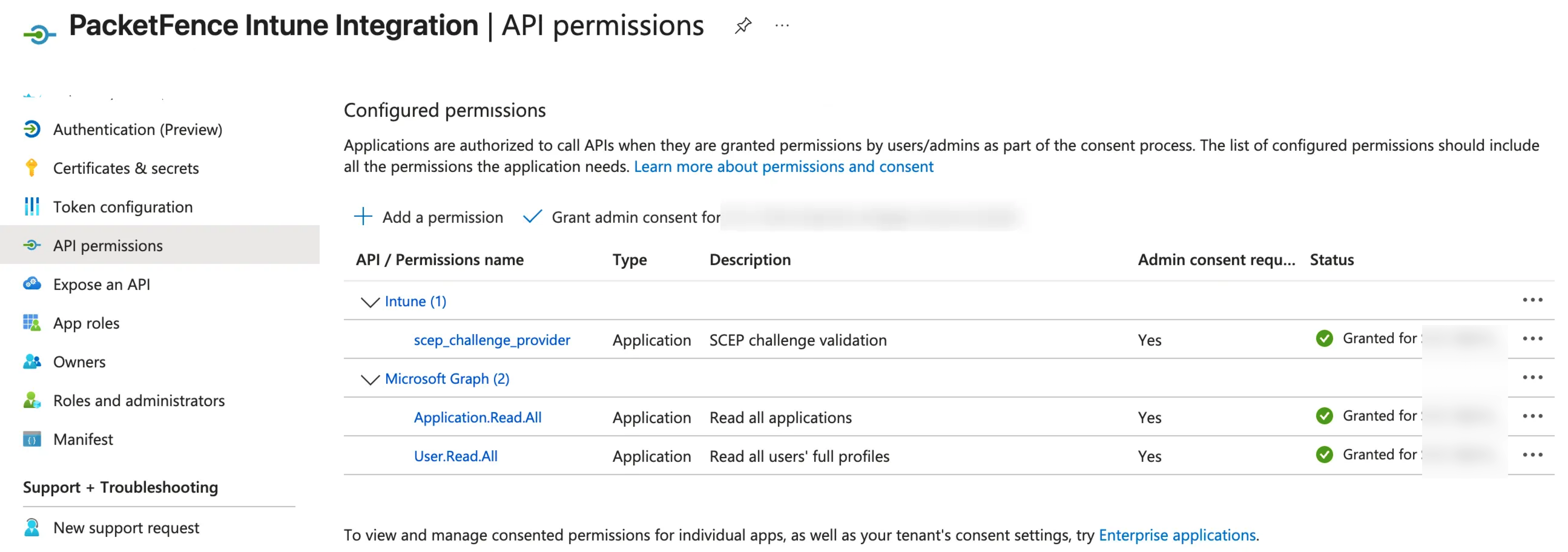 Entra ID app registration API permissions for Intune