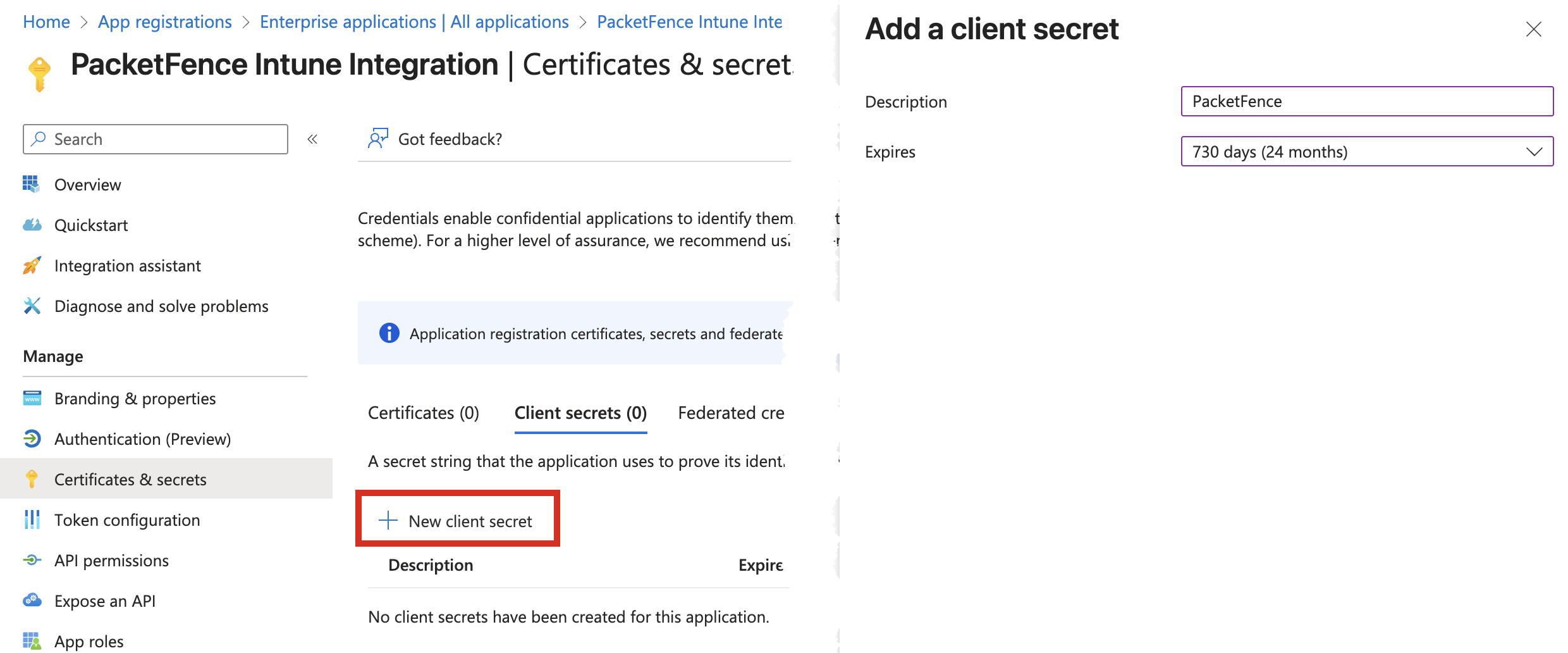 Creating a client secret in Entra ID
