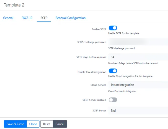 User certificate template SCEP and Intune integration settings