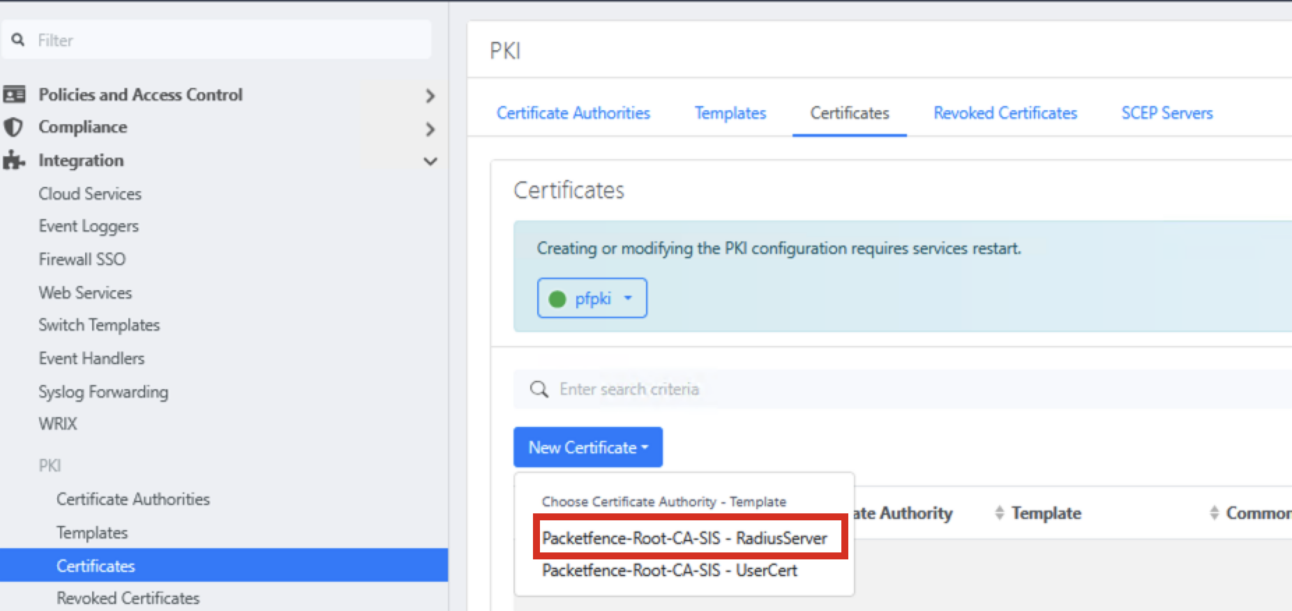 Create new RADIUS server certificate using RADIUS Server template