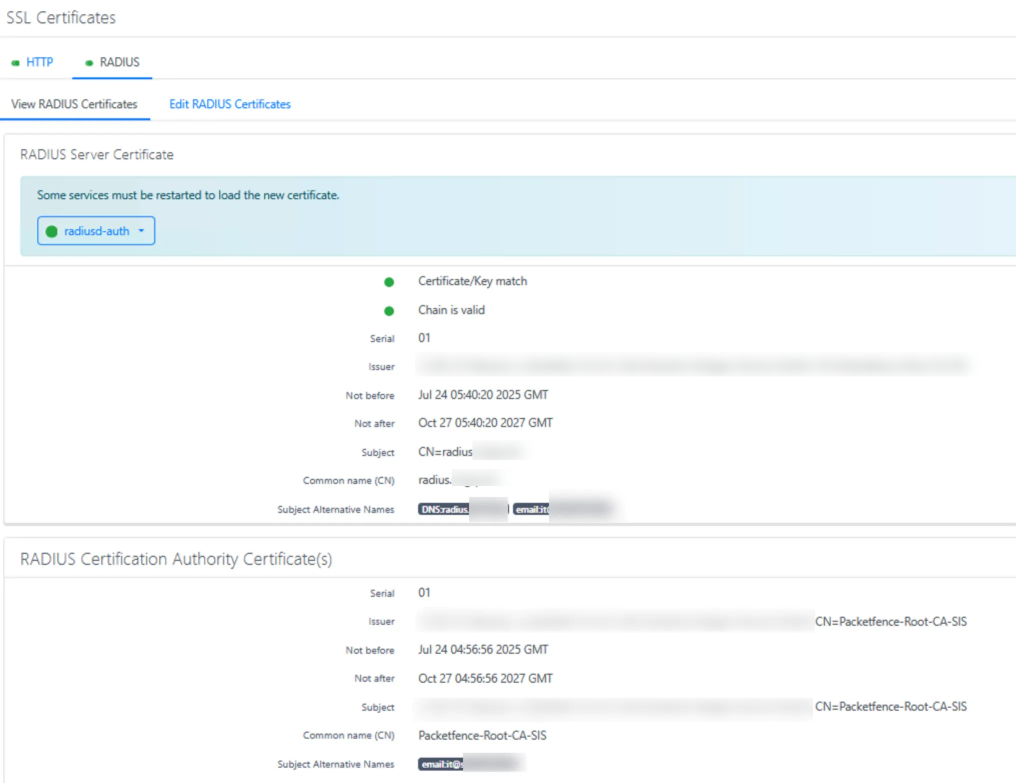 RADIUS certificate successfully installed and verified