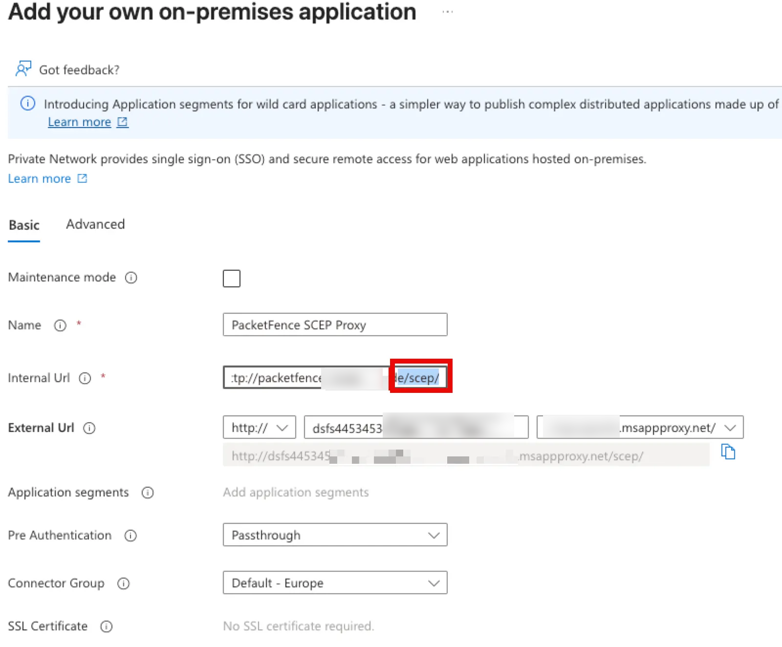 Entra ID Application Proxy configuration for SCEP endpoint