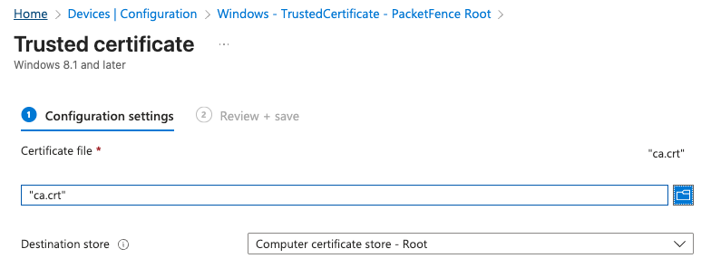 Windows Trusted Certificate profile configuration in Intune