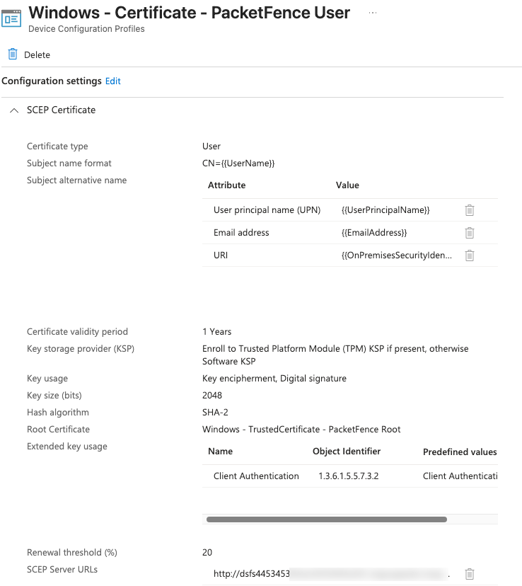 Windows SCEP certificate profile configuration in Intune